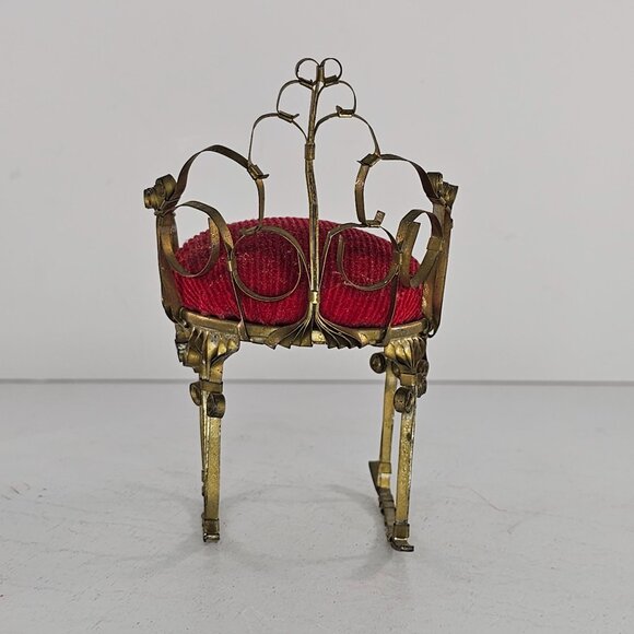 Vintage Pin Cushion Rocking Chair Red Tin Can Folk Tramp Art Dollhouse Kitsch - Picture 4 of 8